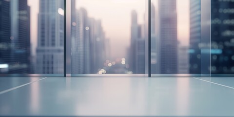 An abstract view of a modern office with blurred city buildings in the background suggesting urban business environment