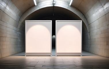 Two empty advertising banners are displayed in an outdoor media lightbox within an underground tunnel