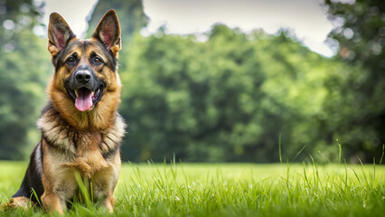 German shepherd sitting in the pasture with his mouth open and tongue out
