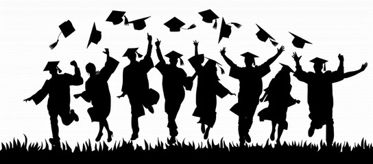 Silhouettes of students celebrating their graduation with caps in the air isolated on a white background Generative AI