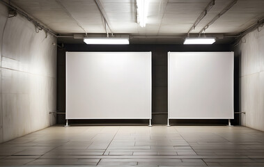 Two empty advertising banners are displayed in an outdoor media lightbox within an underground...