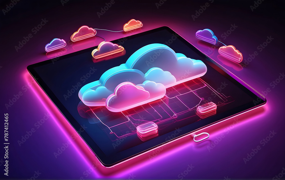Poster a neon light display illustrating cloud computing on tablet devices.