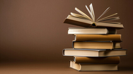 Stack of books on a brown background. Concept for World Book Day.