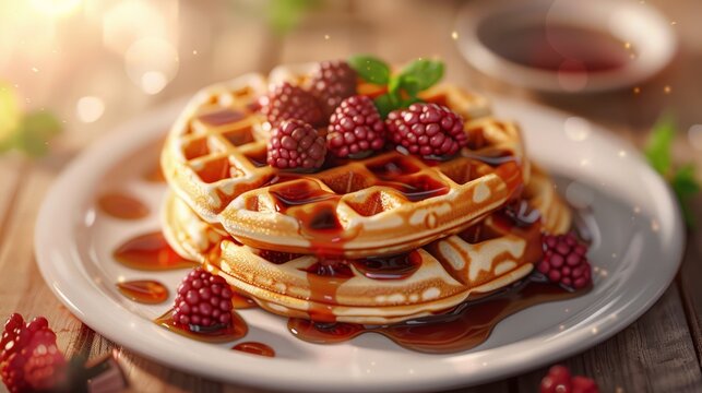 Delicious waffles with berries and syrup on a rustic wooden table. Gourmet breakfast concept. Culinary design for food blogs and recipe books