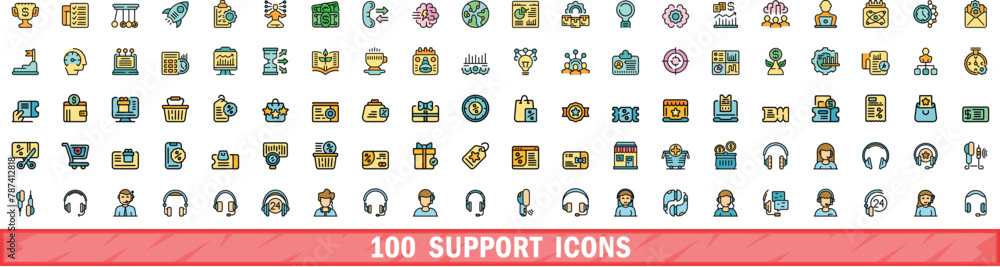 Poster 100 support icons set. color line set of support vector icons thin line color flat on white