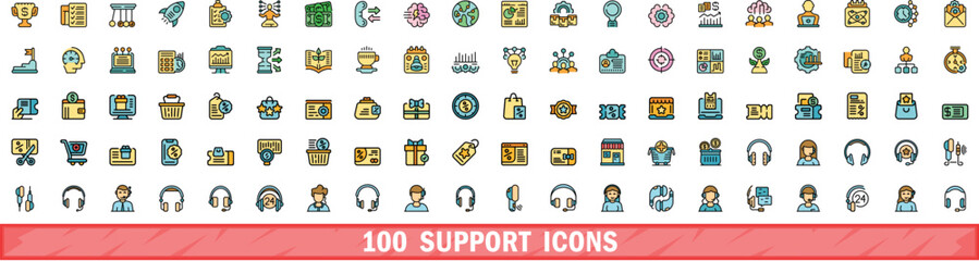 100 support icons set. Color line set of support vector icons thin line color flat on white