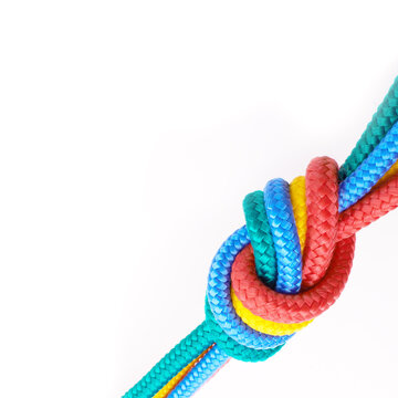 Colourful, rope and knot together in studio for tying with pride, unity and trust. Secure, rainbow and string for unique, security and stop movement of survival objects on isolated white background