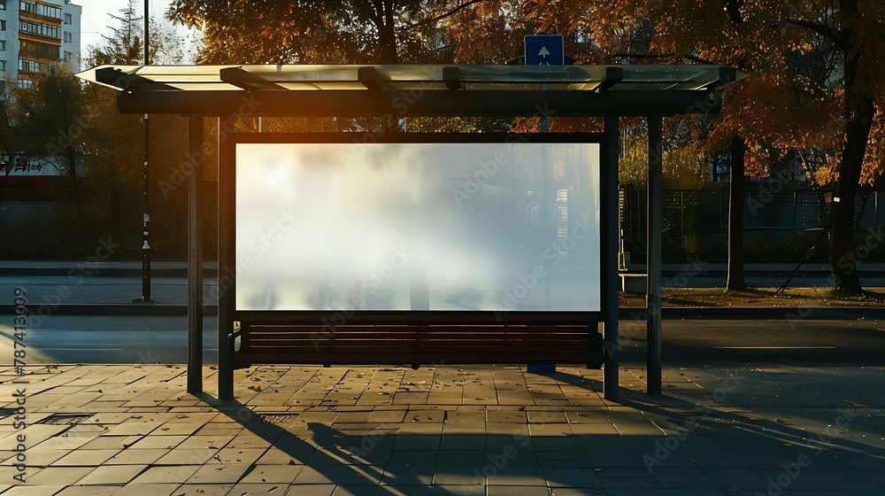 Poster large empty commercial banner mounted on urban bus stop front view outdoor : generative ai