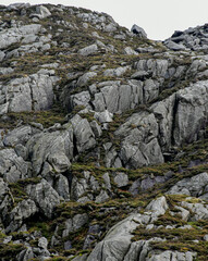 Rocky mountain slope with dark green vegetation. Wales