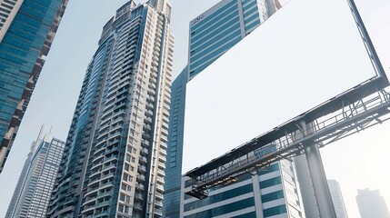 Mock up of blank horizontal white advertising billboard in Dubai with residential and office modern contemporary skyscrapers and sky behind : Generative AI