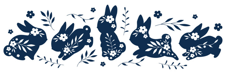 Happy Easter, decorated easter bunny for cards, banner. Bunnies, flowers, branch, decor. Folk style patterned design.Cute cartoon rabbits. Funny white hares, Easter bunnies. Standing, sitting, running