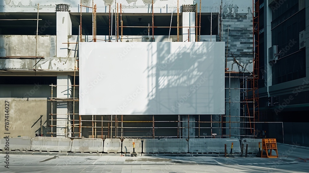 Poster long blank hoarding with space for advert mockup on construction site under unfinished building with