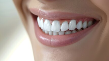 Close-up of a smiling woman's mouth with perfectly aligned white teeth. Dental health and cosmetic dentistry concept. Ideal for orthodontic services and teeth whitening products