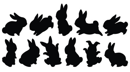 Silhouette black cute bunny. Cute cartoon rabbits. Funny hares, Easter bunnies. Standing, running, jumping poses. Set of flat cartoon vector illustrations isolated on white background. Outlines animal