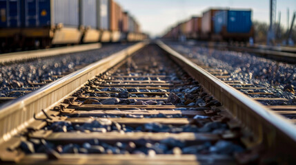 Close-Up View of Railroad Tracks with Freight Trains in Soft Focus Background - Powered by Adobe