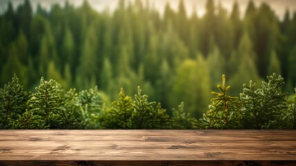 The empty wooden table top with blur background of boreal forest. Exuberant image. generative ai - 787414252