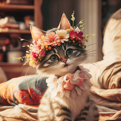 Illustration of a cat with flower crown. generative AI