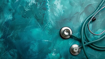 Textured teal background with stethoscope. Healthcare and medical concept