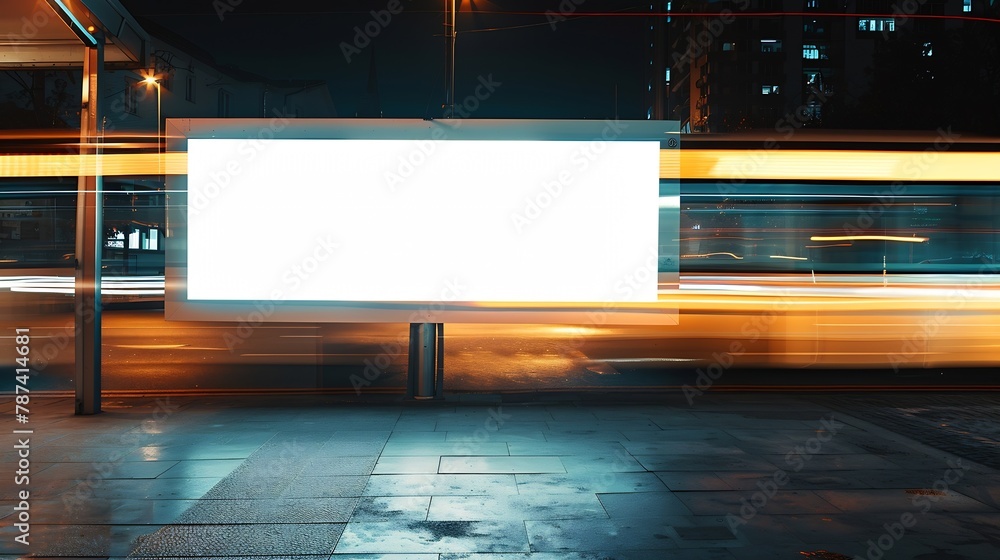 Poster Light box display with white blank space for ads Urban mockup design concept with beautiful bus light trails at night Long exposure : Generative AI