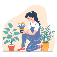Vector cartoon illustration of a woman planting a plant in a pot. Home gardening and caring for indoor plants. Modern vector flat illustration isolated on a white background