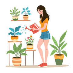 Vector cartoon illustration of a woman planting a plant in a pot. Home gardening and caring for indoor plants. Modern vector flat illustration isolated on a white background