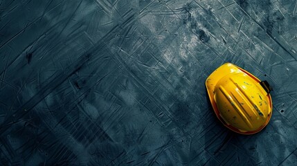 Yellow safety helmet on scratched metallic surface