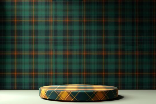 A chic modern podium against a tartan pattern, suitable for product displays with a hint of traditional textile heritage.