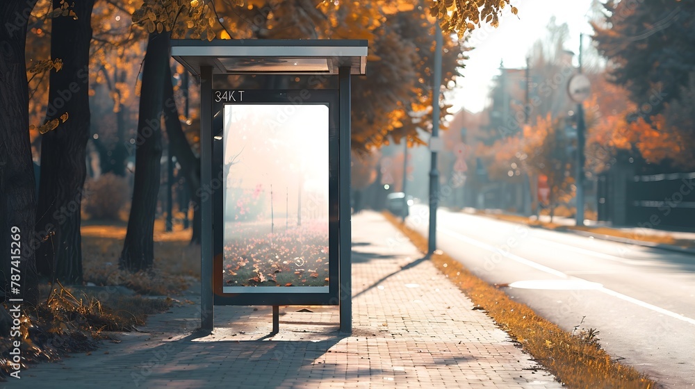 Aufkleber Empty bus stop with mockup space on sidewalk of suburban street at autumn season front view : Generative AI