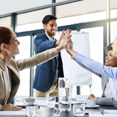 High five, business people and meeting for support or success, architect group with smile and...