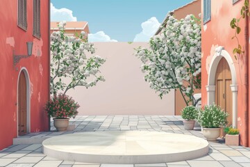 A podium in a quaint Italian piazza, perfect for imbuing products with the romantic charm of Italy.