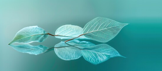 White leaves transparent on mirror with reflection on turquoise blur background. Dreamy image of nature.