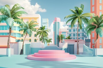 Empty podium with background of Miami Beach, vibrant art deco buildings and palm tree