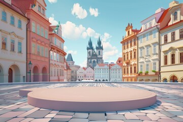 Step into the heart of Prague with this podium, graced by the iconic towers of the Old Town, perfect for culturally rich presentations. - obrazy, fototapety, plakaty