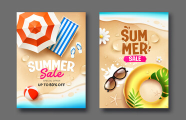 Summer Sale on sand beach poster flyer two holiday design collections background, Eps 10 vector illustration

