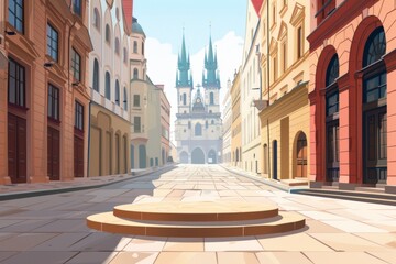 Empty podium with background of the historic streets of Krakow, Poland - obrazy, fototapety, plakaty