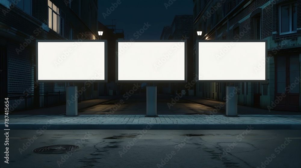 Poster blank white three billboards on empty street at night mock up : generative ai