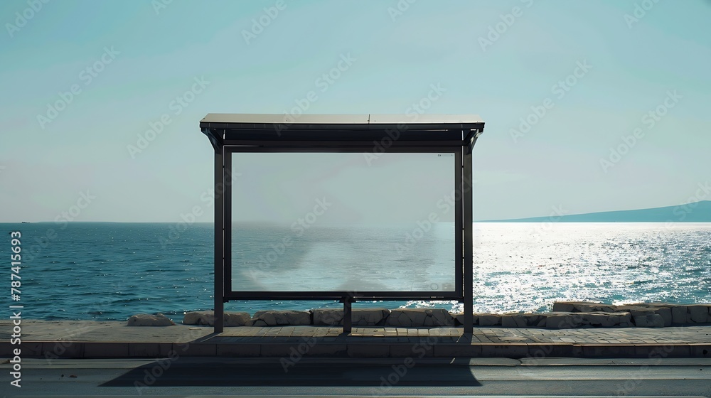 Poster blank advertisement in a bus stop next to the sea : generative ai