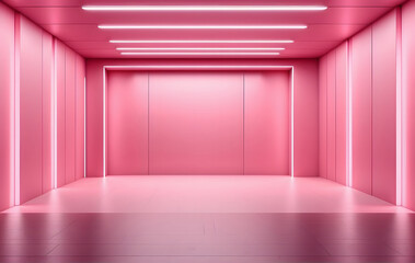 An empty product corridor interior serves as a contemporary backdrop, featuring neon accents and sleek architectural floor designs.