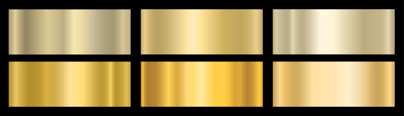 A set of metallic glossy gradients. The texture of a smooth metal surface. A collection of gold metallic gradients. Vector illustration.