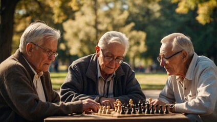 elderly men playing chess in the park