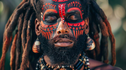 A handsome black man stands tall with his eyes closed his face painted with intricate red and black designs that resemble the iconic lion of Judah a symbol of strength and royalty .
