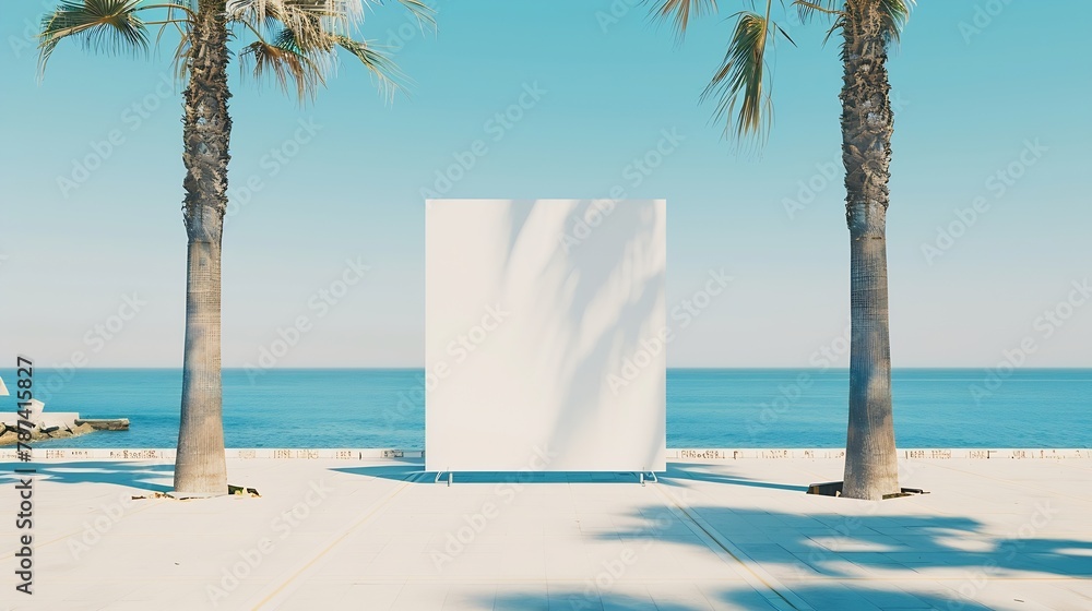 Poster blank lightbox with white space for mockup stands vertically on sidewalk with palm trees against blu