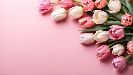 Top view of springtime tulip flowers in a flat lay style on a pink background. Banner Greeting for Mother's Day, Women's Day, or Spring Sale. 