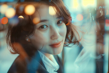 Serene woman peering through a glass window at dusk in the city