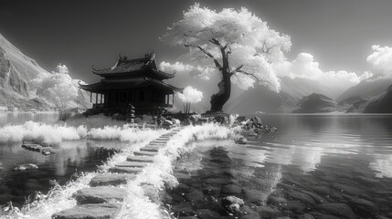 Chinese landscape with a Buddhist temple