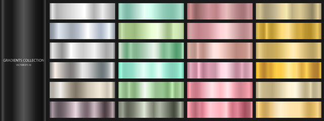 A set of metal gradients. Background surface template with chrome texture. A collection of colorful palettes. Vector EPS 10. - obrazy, fototapety, plakaty