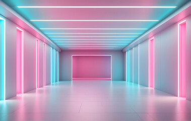 An empty product corridor interior serves as a contemporary backdrop, featuring neon accents and sleek architectural floor designs.