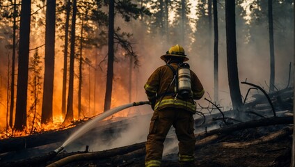 Naklejka premium firefighters in action extinguishing a forest fire
