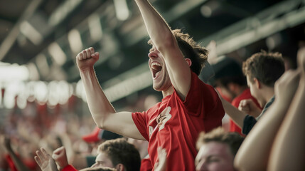 A sports fan leaping with joy as their team scores a game-winning goal