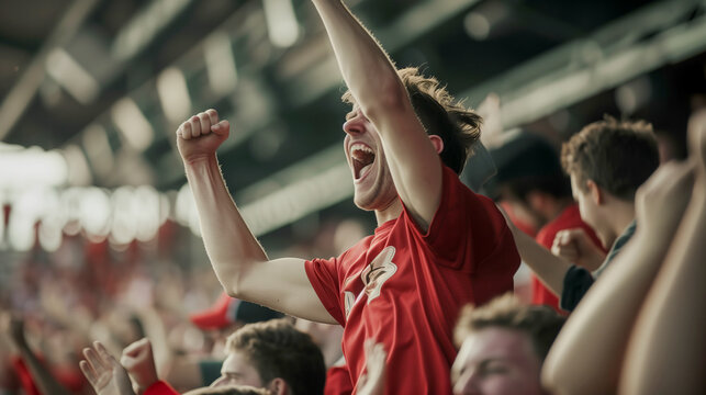 A sports fan leaping with joy as their team scores a game-winning goal